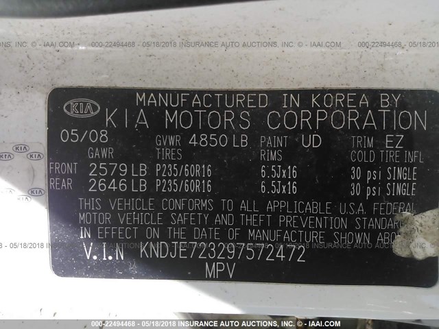 KNDJE723297572472 - 2009 KIA SPORTAGE LX/EX WHITE photo 9