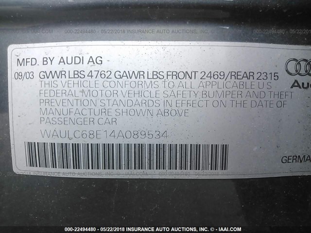 WAULC68E14A089534 - 2004 AUDI A4 1.8T QUATTRO BLUE photo 9