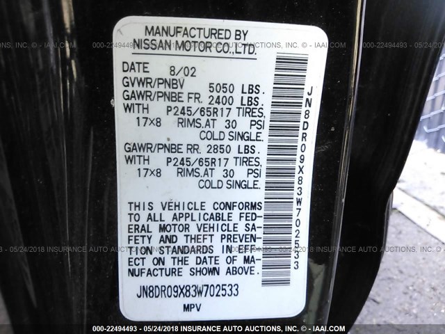 JN8DR09X83W702533 - 2003 NISSAN PATHFINDER LE/SE BLACK photo 9