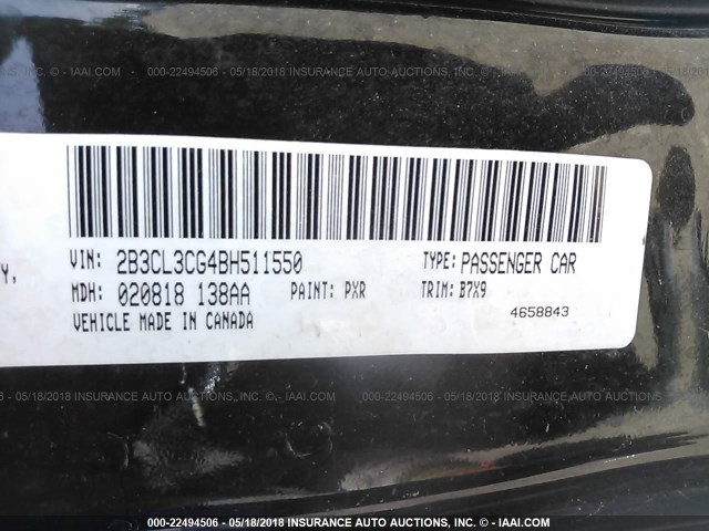 2B3CL3CG4BH511550 - 2011 DODGE CHARGER BLACK photo 9