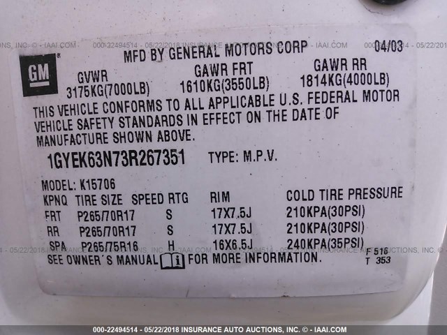 1GYEK63N73R267351 - 2003 CADILLAC ESCALADE LUXURY Ağ foto 9