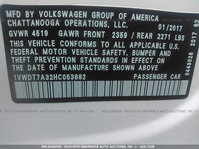 1VWDT7A32HC053882 - 2017 VOLKSWAGEN PASSAT R-LINE Ağ foto 9