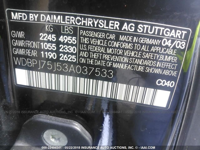 WDBPJ75J53A037533 - 2003 MERCEDES-BENZ CL 500 BLACK photo 9