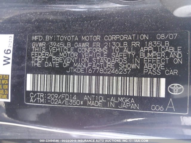 JTKDE167780246237 - 2008 TOYOTA SCION TC BLACK photo 9