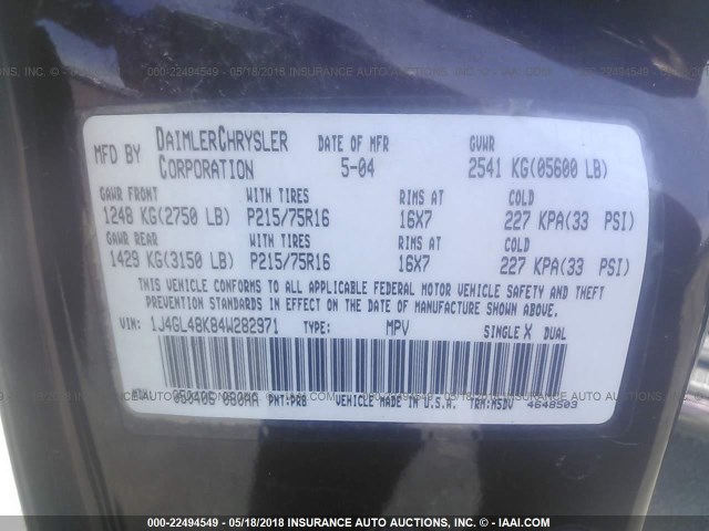 1J4GL48K84W282971 - 2004 JEEP LIBERTY SPORT 勃艮第红 照片 9