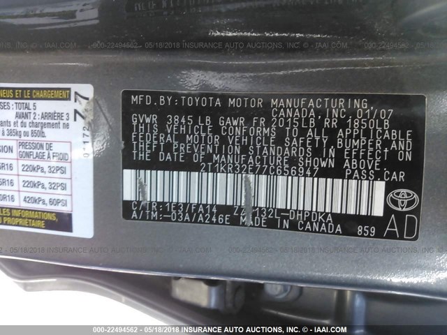 2T1KR32E77C656947 - 2007 TOYOTA COROLLA MATRIX XR GRAY photo 9