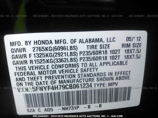 5FNYF4H79CB061234 - 2012 HONDA PILOT EXLN BLACK photo 9