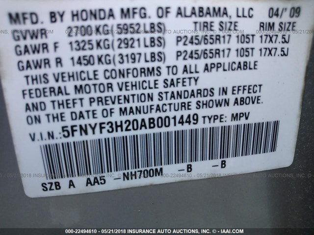 5FNYF3H20AB001449 - 2010 HONDA PILOT LX SILVER photo 9