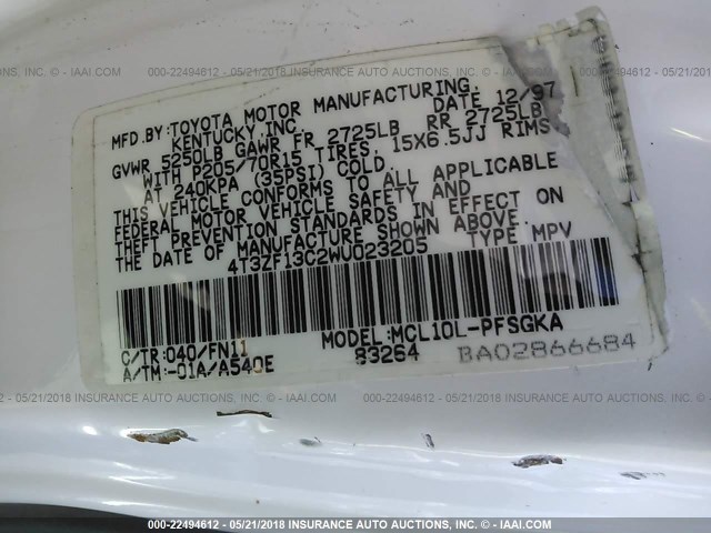 4T3ZF13C2WU023205 - 1998 TOYOTA SIENNA LE/XLE WHITE photo 9