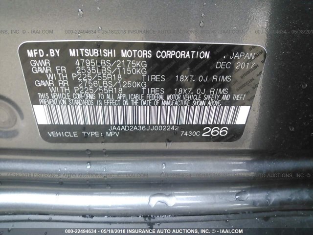 JA4AD2A36JJ002242 - 2018 MITSUBISHI OUTLANDER ES 灰色 照片 9