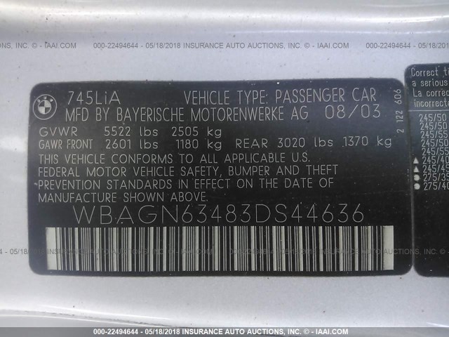 WBAGN63483DS44636 - 2003 BMW 745 LI SILVER photo 9