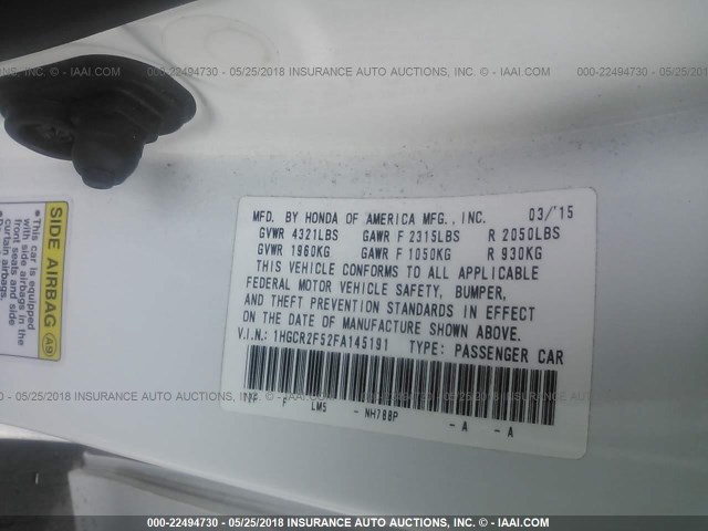 1HGCR2F52FA145191 - 2015 HONDA ACCORD SPORT 白色 照片 9