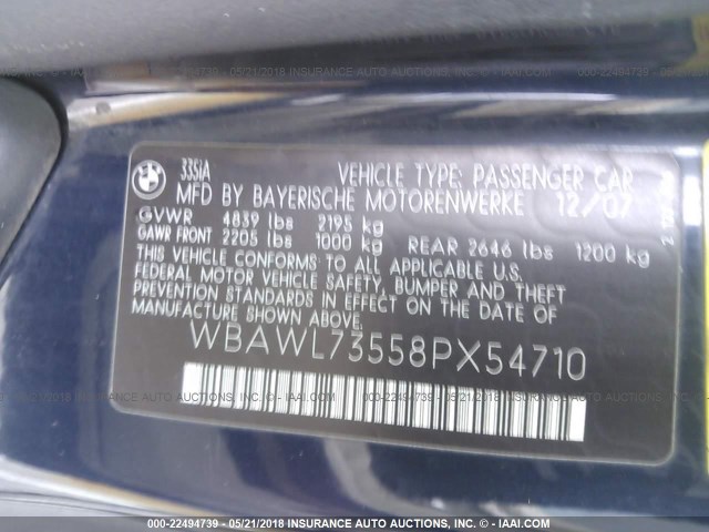 WBAWL73558PX54710 - 2008 BMW 335 I Dark Blue photo 9