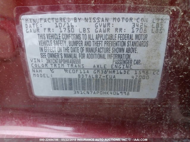 3N1CN7AP0HK406998 - 2017 NISSAN VERSA S/S PLUS/SV/SL RED photo 9