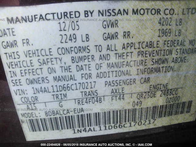 1N4AL11D66C170217 - 2006 NISSAN ALTIMA S/SL RED photo 9