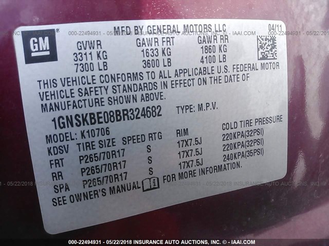 1GNSKBE08BR324682 - 2011 CHEVROLET TAHOE K1500 LT MAROON photo 9