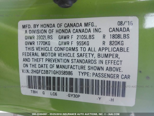 2HGFC3B71GH358986 - 2016 HONDA CIVIC EXL GREEN photo 9