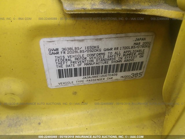 JA3AJ86E12U070409 - 2002 MITSUBISHI LANCER OZ RALLY YELLOW photo 9