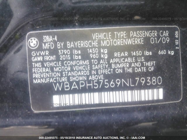 WBAPH57569NL79380 - 2009 BMW 328 I SULEV BLACK photo 9