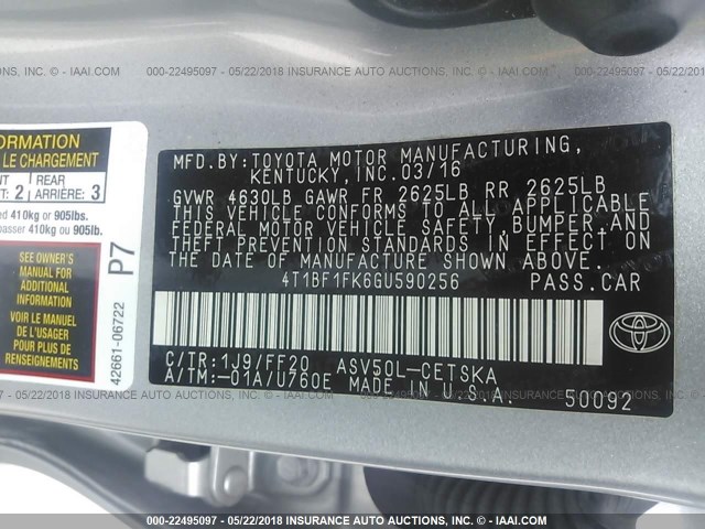 4T1BF1FK6GU590256 - 2016 TOYOTA CAMRY LE/XLE/SE/XSE SILVER photo 9