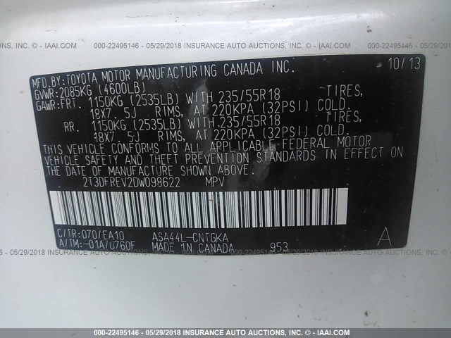 2T3DFREV2DW098622 - 2013 TOYOTA RAV4 LIMITED Ağ foto 9