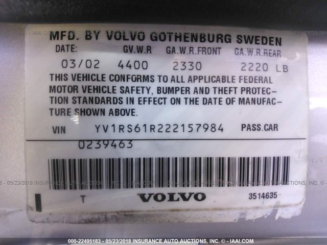 YV1RS61R222157984 - 2002 VOLVO S60 SILVER photo 9