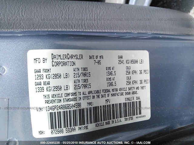 1D4GP24R86B504598 - 2006 DODGE GRAND CARAVAN SE BLUE photo 9