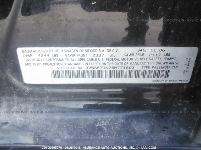 3VWSF71K76M771803 - 2006 VOLKSWAGEN JETTA 2.5 OPTION PACKAGE 1 BLACK photo 9