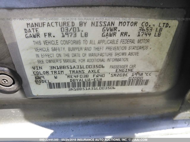 3N1BB51A31L003506 - 2001 NISSAN SENTRA SE TAN photo 9