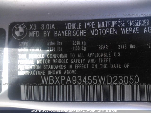 WBXPA93455WD23050 - 2005 BMW X3 3.0I SILVER photo 9