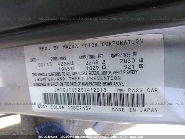 JM1GJ1U52G1412318 - 2016 MAZDA 6 SPORT ვერცხლისფერი ფოტო 9