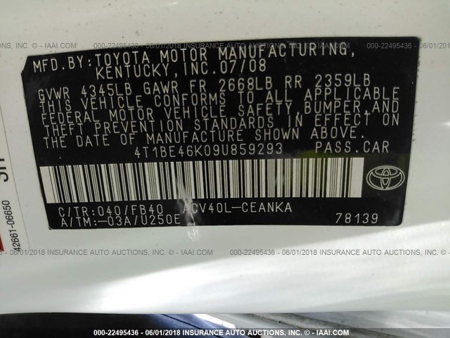 4T1BE46K09U859293 - 2009 TOYOTA CAMRY SE/LE/XLE 白色 照片 9