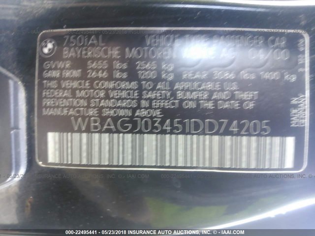 WBAGJ03451DD74205 - 2001 BMW 750 IL BLACK photo 9