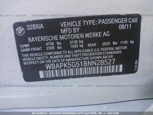 WBAPK5G51BNN28527 - 2011 BMW 328 XI SULEV WHITE photo 9