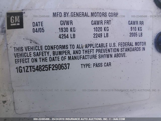 1G1ZT54825F290637 - 2005 CHEVROLET MALIBU LS თეთრი ფოტო 9