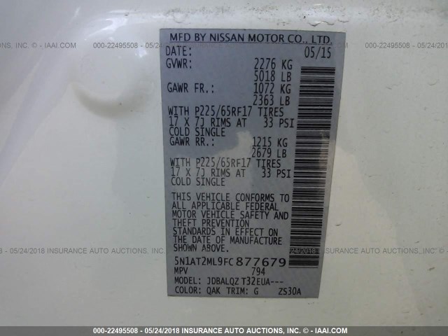 5N1AT2ML9FC877679 - 2015 NISSAN ROGUE S/SL/SV WHITE photo 9