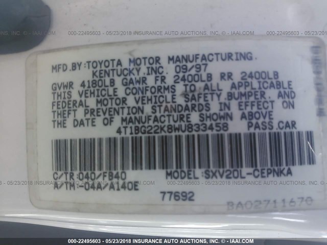 4T1BG22K8WU833458 - 1998 TOYOTA CAMRY CE/LE/XLE 白色 照片 9