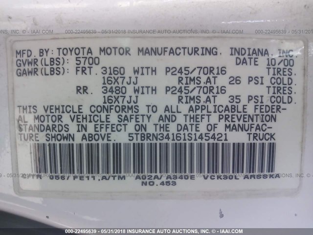 5TBRN34161S145421 - 2001 TOYOTA TUNDRA ACCESS CAB SR5 WHITE photo 9