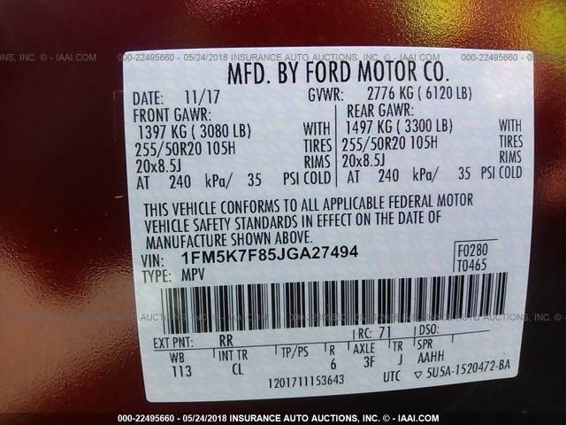 1FM5K7F85JGA27494 - 2018 FORD EXPLORER LIMITED 红色 照片 9