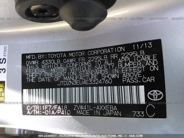 JTDZN3EU4E3324760 - 2014 TOYOTA PRIUS V GRAY photo 9