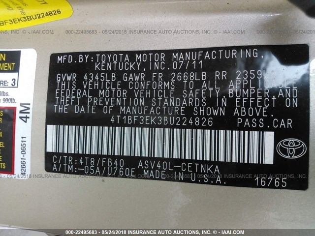 4T1BF3EK3BU224826 - 2011 TOYOTA CAMRY SE/LE/XLE 金色 照片 9