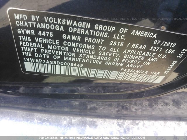 1VWAP7A33DC008449 - 2013 VOLKSWAGEN PASSAT S BLUE photo 9