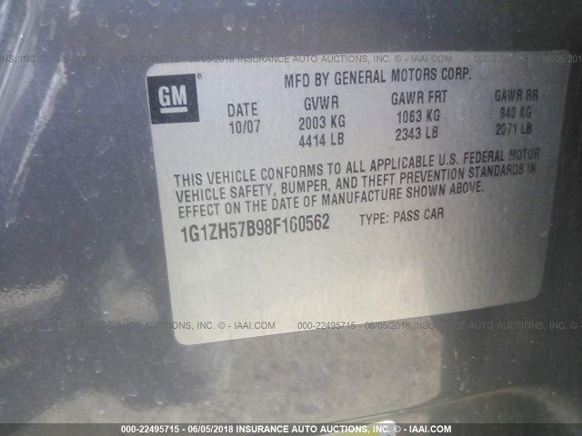 1G1ZH57B98F160562 - 2008 CHEVROLET MALIBU 1LT GRAY photo 9