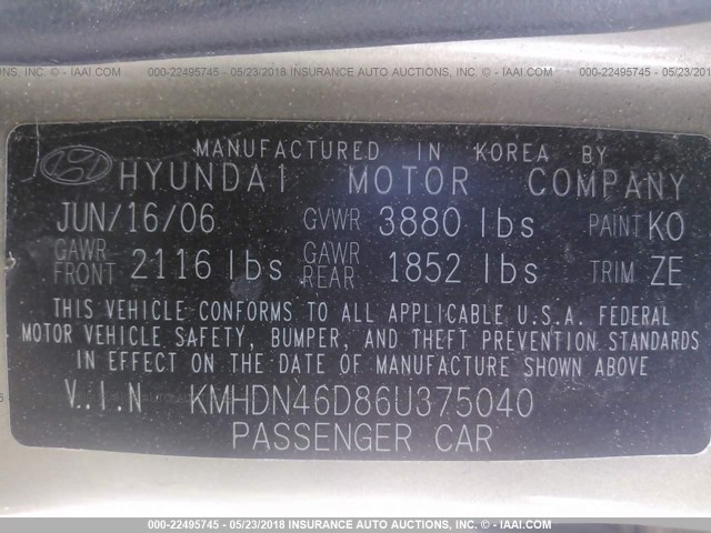 KMHDN46D86U375040 - 2006 HYUNDAI ELANTRA GLS/GT/LIMITED GOLD photo 9