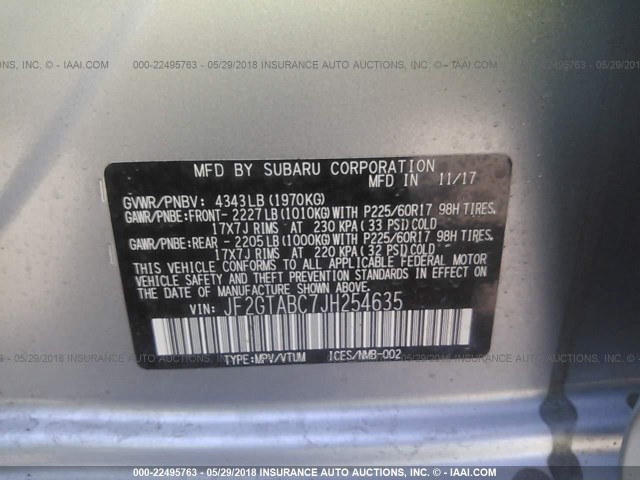 JF2GTABC7JH254635 - 2018 SUBARU CROSSTREK PREMIUM GRAY photo 9