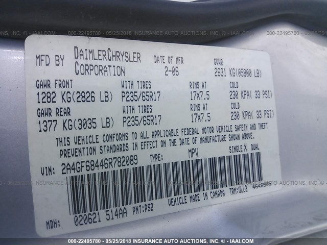 2A4GF68446R782089 - 2006 CHRYSLER PACIFICA TOURING SILVER photo 9