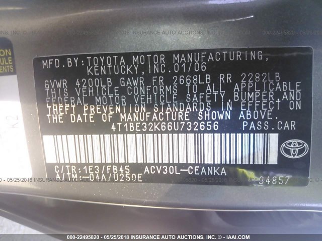 4T1BE32K66U732656 - 2006 TOYOTA CAMRY LE/XLE/SE ნაცრისფერი ფოტო 9