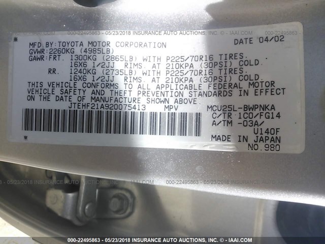 JTEHF21A920075413 - 2002 TOYOTA HIGHLANDER LIMITED SILVER photo 9