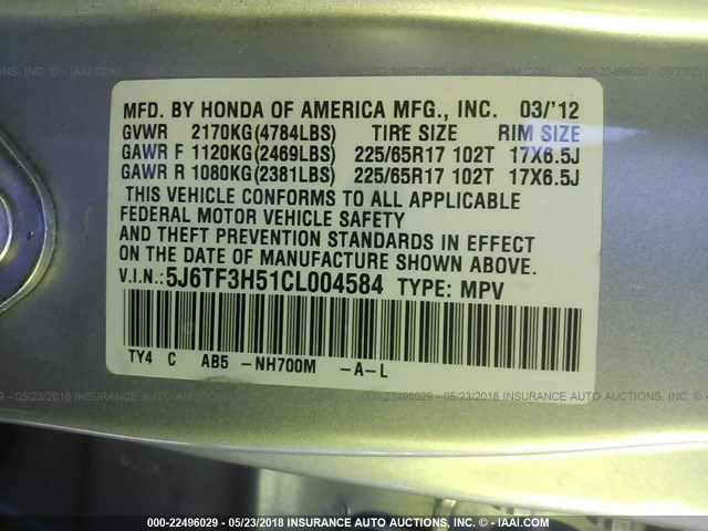 5J6TF3H51CL004584 - 2012 HONDA CROSSTOUR EXL SILVER photo 9