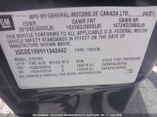 2GCEC19V911342442 - 2001 CHEVROLET SILVERADO C1500 BLUE photo 9